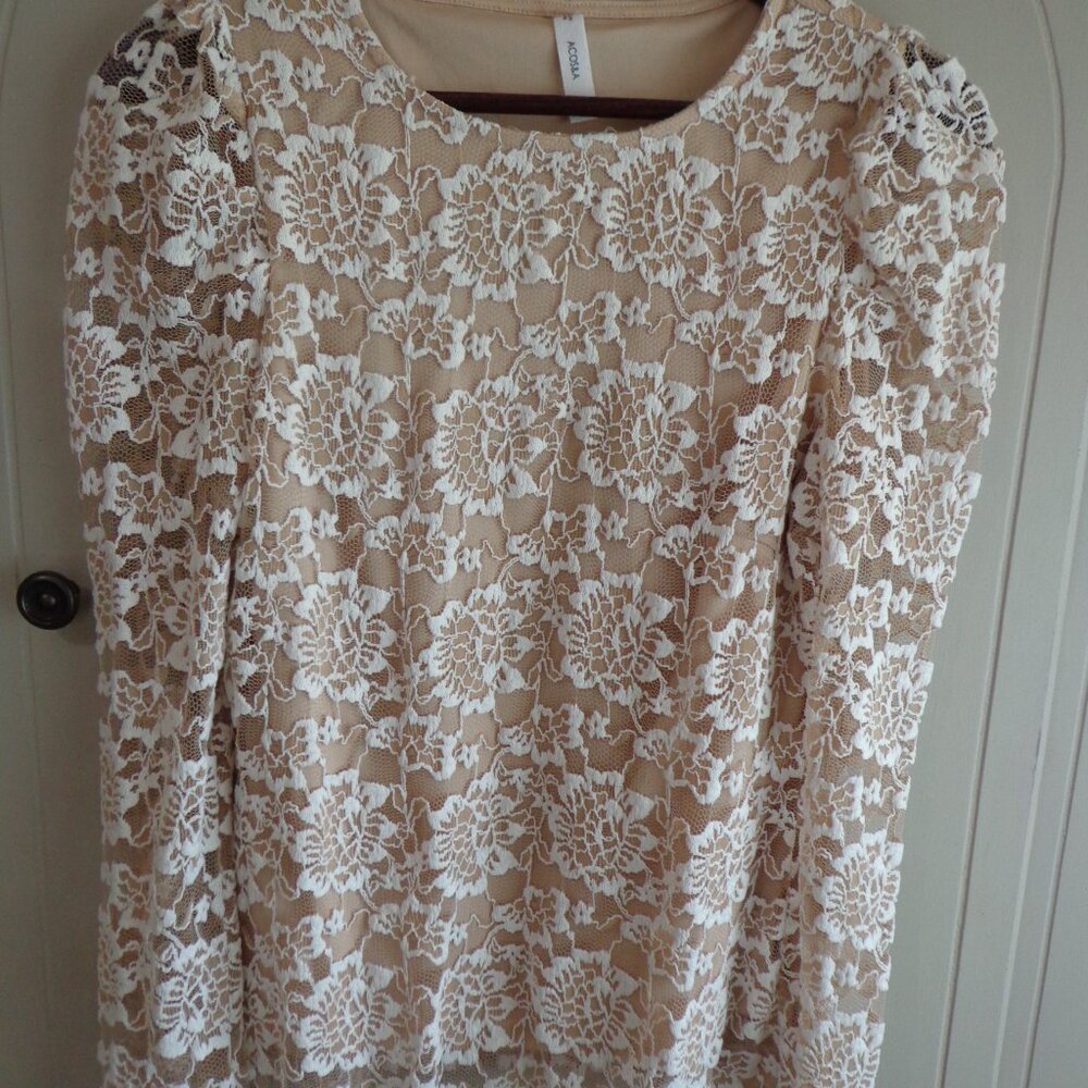 ACOS&A Lace Top S Lined Scoop/Crew Neck Long Sleeves Puffy Ivory/Tan Floral